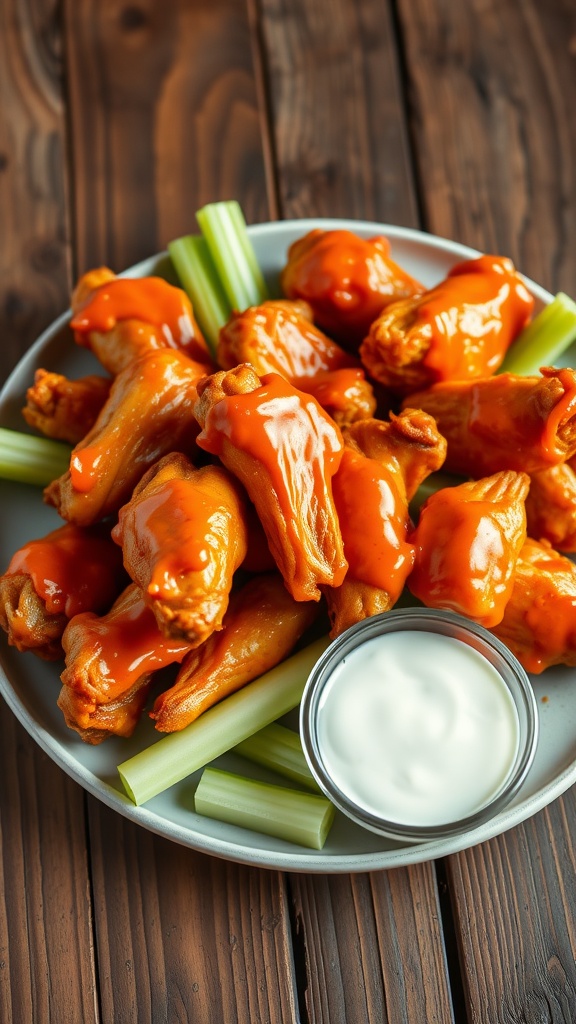 A plate of golden crispy chicken wings with celery sticks and ranch dressing on a wooden table.